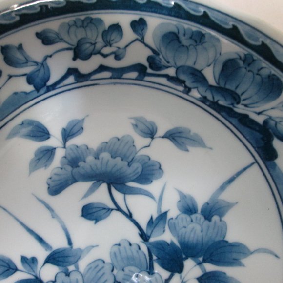 Vintage Blue Transferware Bowl Set 2 Porcelain Peony Japanese Asian - Picture 6 of 9